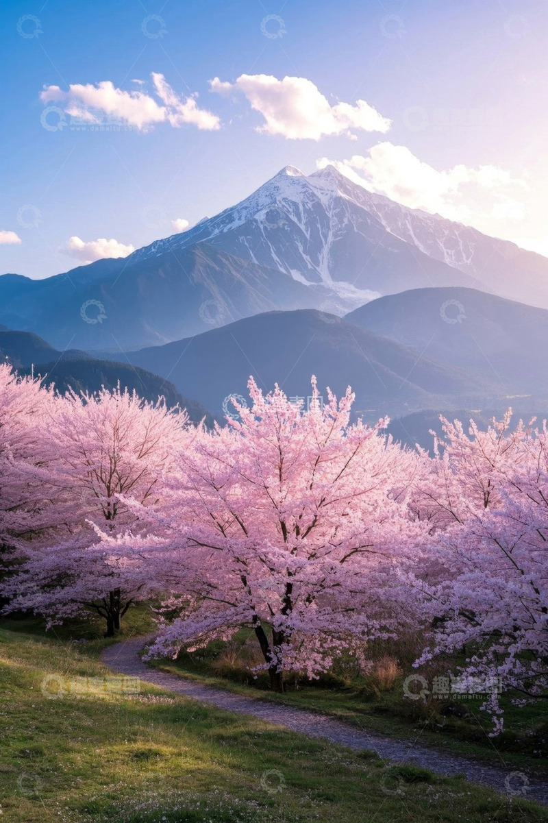 高清大图下载【趣麦麦图】雪山下盛开的粉色樱花风景