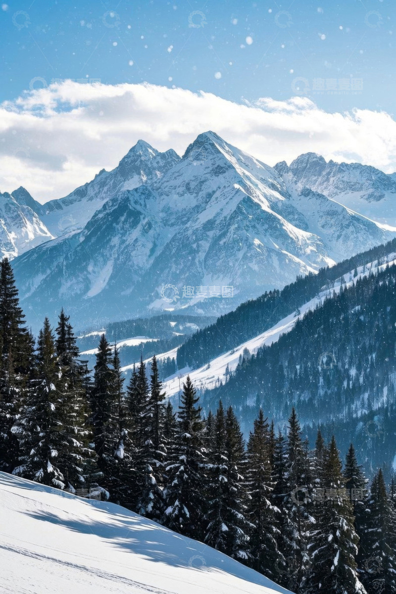 高清大图下载【趣麦麦图】雪山松林户外自然景观