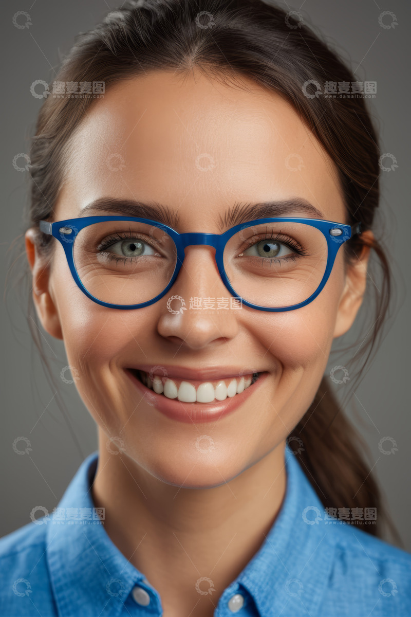 高清大图下载【趣麦麦图】戴蓝框眼镜微笑的女性肖像