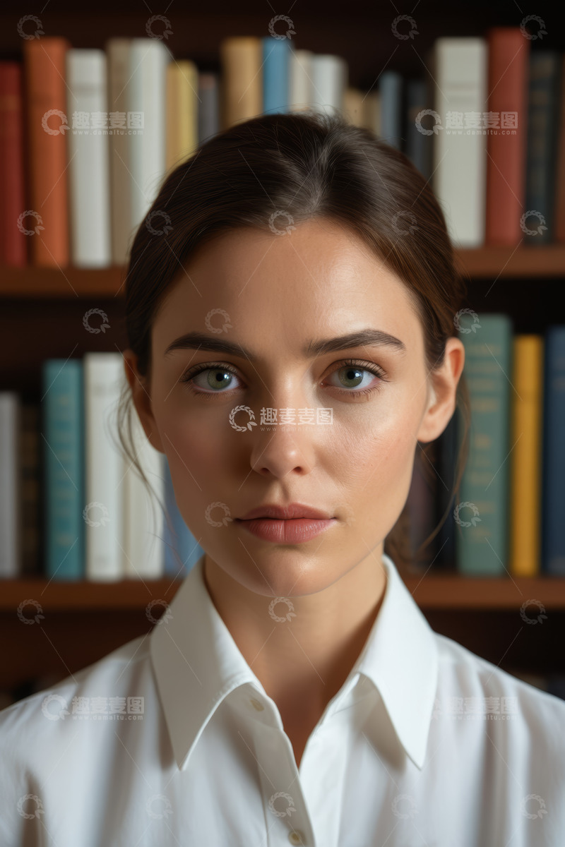 高清大图下载【趣麦麦图】书架前年轻女子肖像