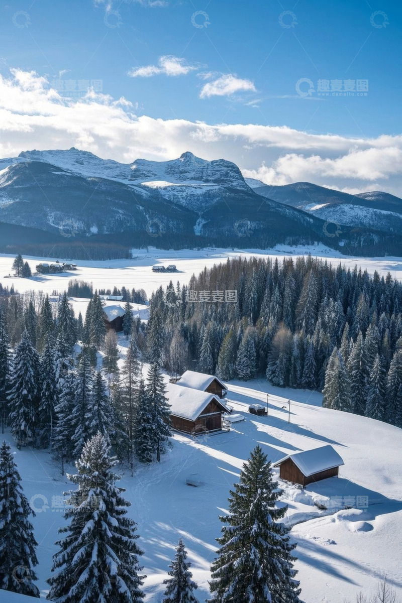 高清大图下载【趣麦麦图】雪覆山林中的木屋景观