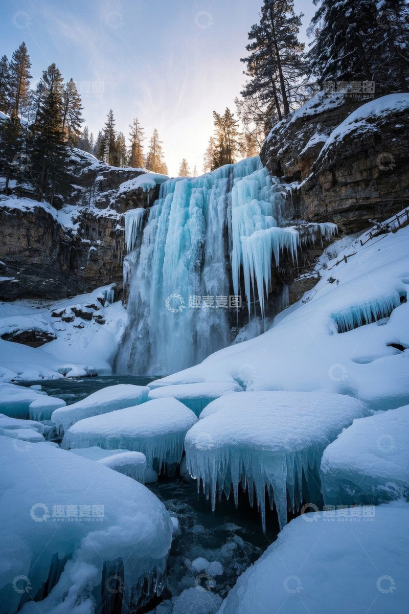 高清大图下载【趣麦麦图】冬日冰封瀑布自然景观