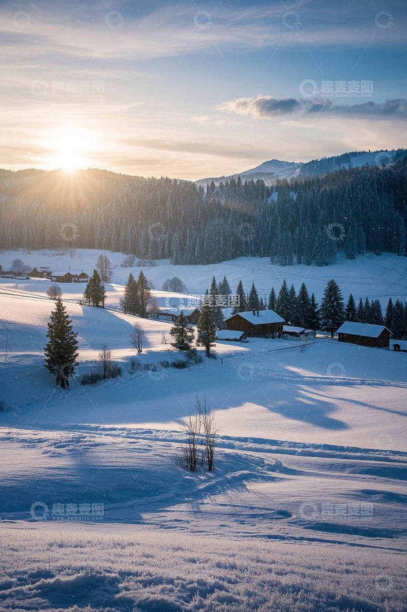 高清大图下载【趣麦麦图】冬日雪覆盖的山林与村落景观