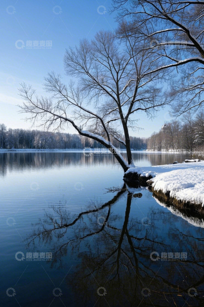 高清大图下载【趣麦麦图】冬日湖畔积雪树木倒影景象