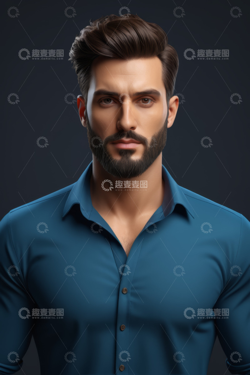 高清大图下载【趣麦麦图】穿着蓝色衬衫的英俊男性