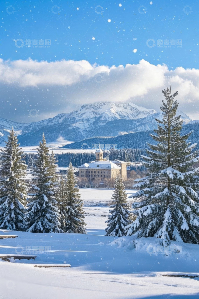 高清大图下载【趣麦麦图】雪中山景与建筑景观
