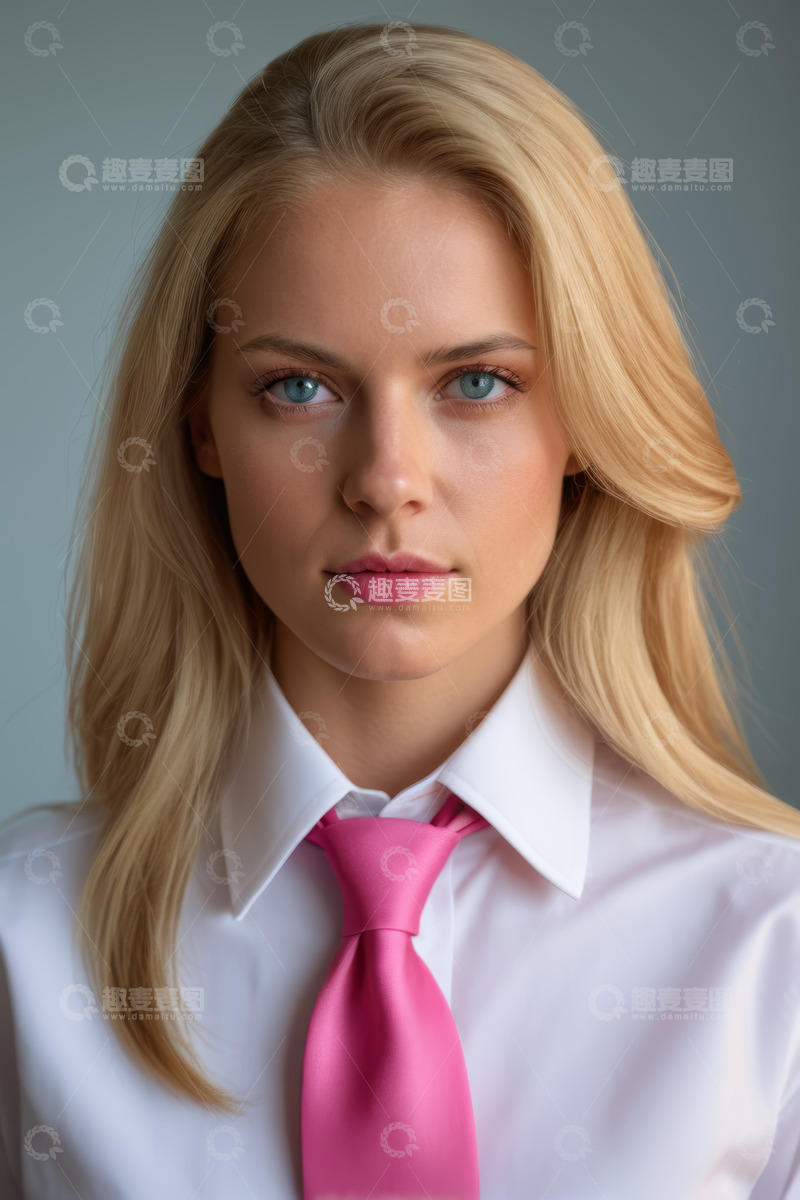 高清大图下载【趣麦麦图】金发女子白衬衫配粉色领带肖像