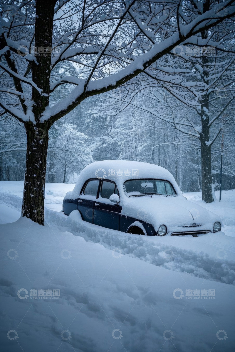 高清大图下载【趣麦麦图】雪天树林中被积雪覆盖的老式汽车