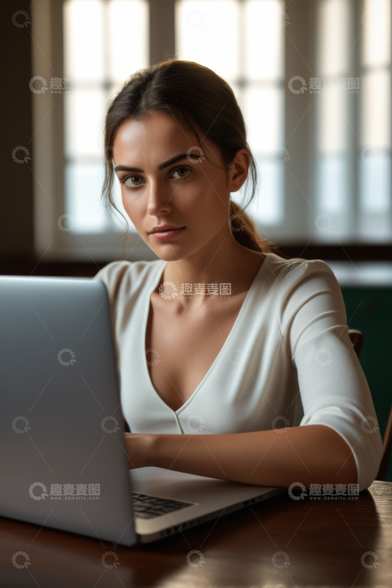 高清大图下载【趣麦麦图】办公女性专注使用笔记本电脑