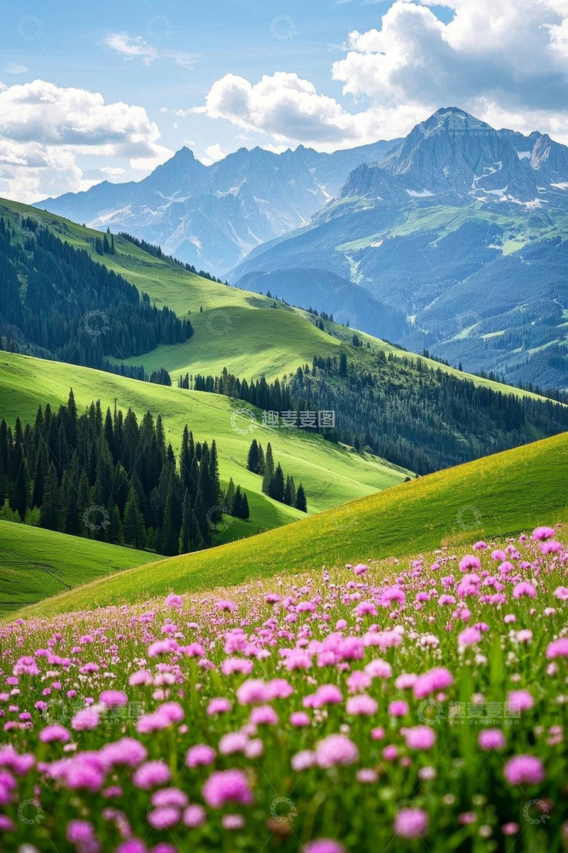 高清大图下载【趣麦麦图】山间草地与烂漫花海景观