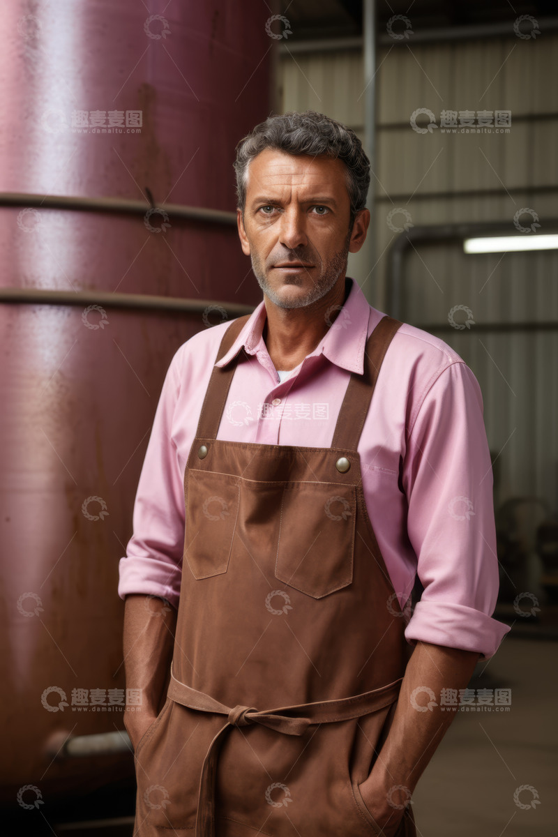 高清大图下载【趣麦麦图】穿围裙男士站在工厂容器旁