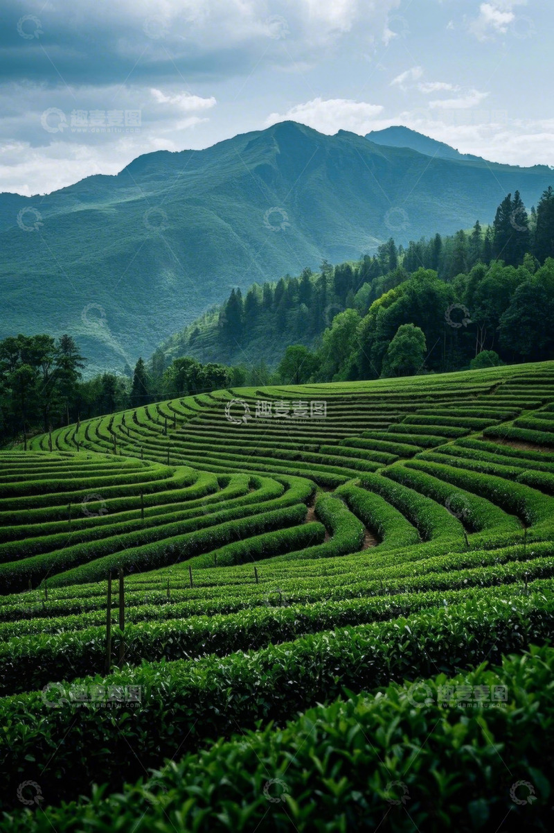 高清大图下载【趣麦麦图】层叠茶田与远山自然风光