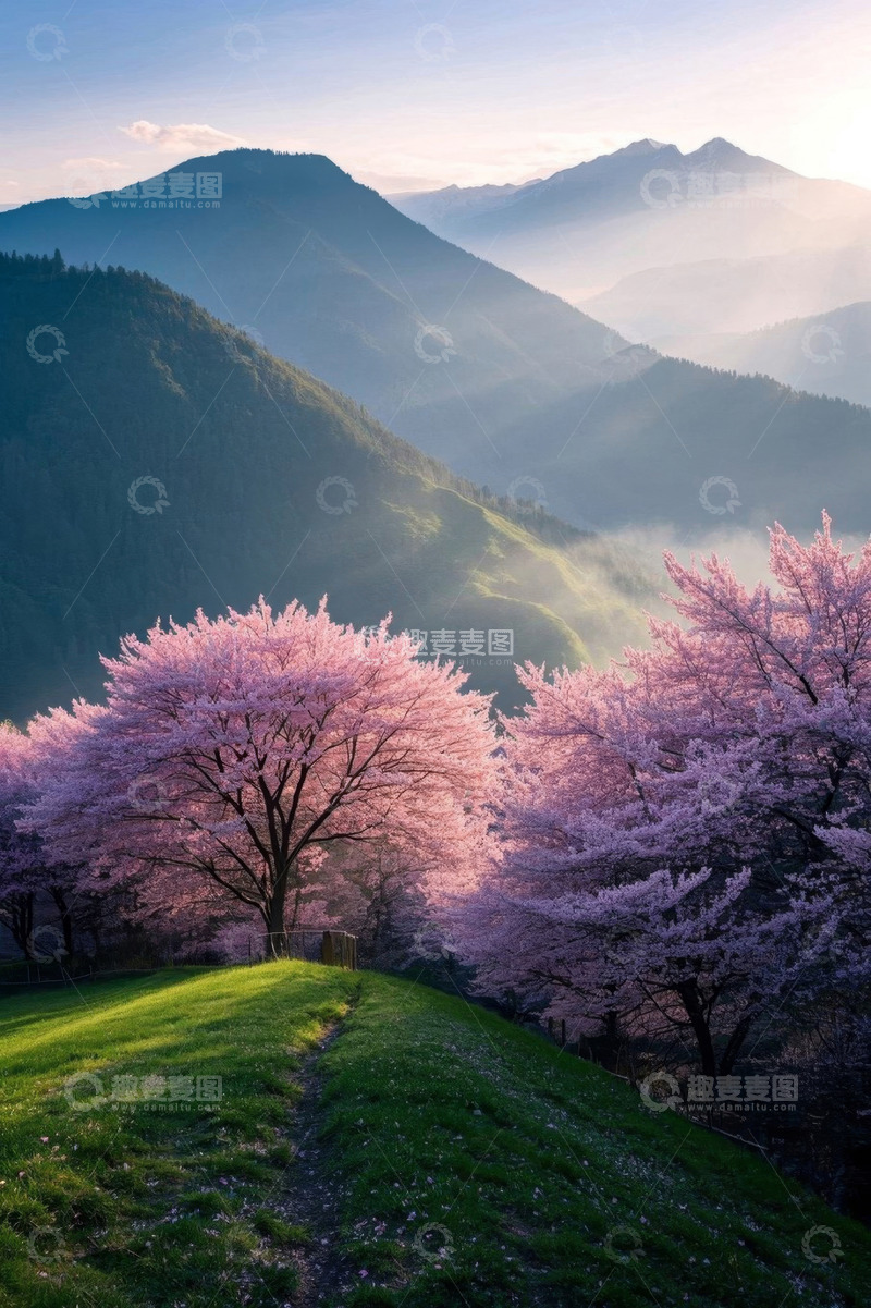高清大图下载【趣麦麦图】山间盛开的粉色樱花树风景