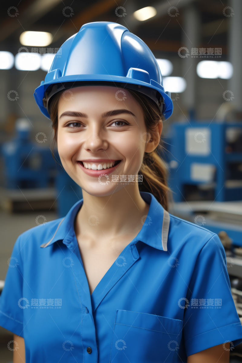高清大图下载【趣麦麦图】工厂女工人戴安全帽微笑
