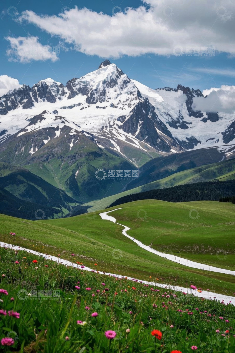 高清大图下载【趣麦麦图】雪山下的草原花海风景