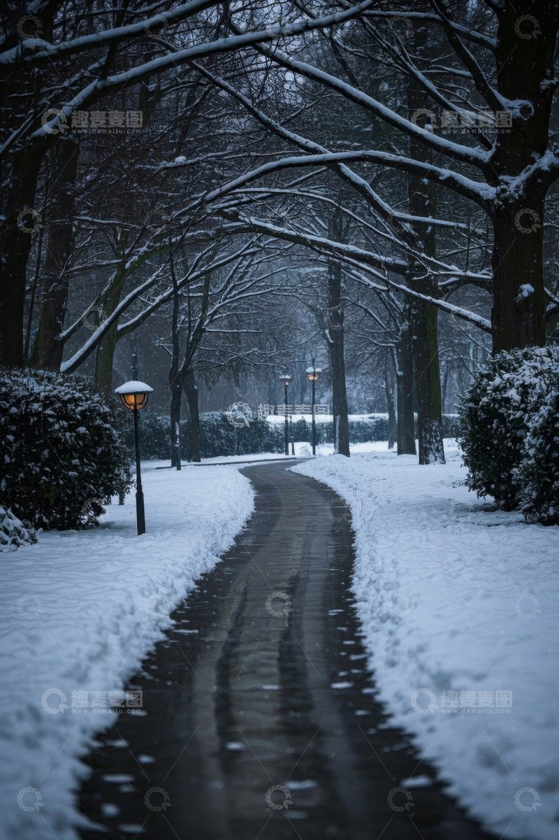 高清大图下载【趣麦麦图】公园雪后林间小道雪景