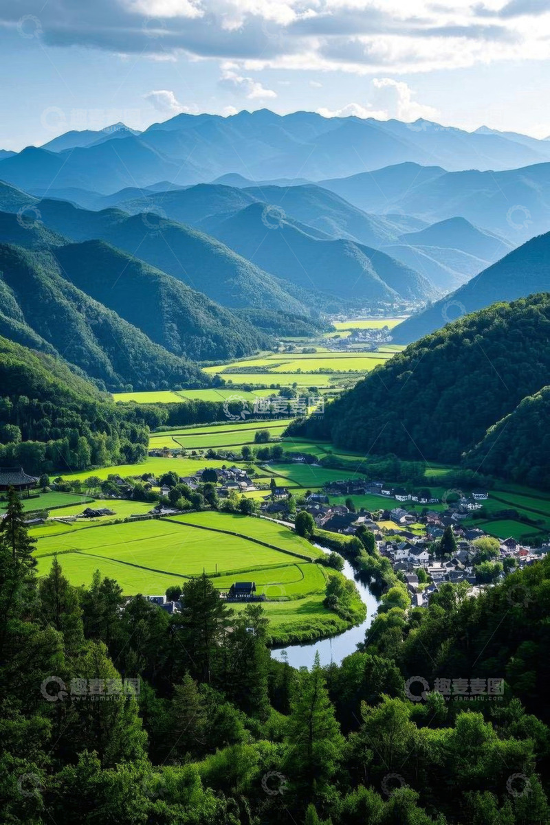 高清大图下载【趣麦麦图】山谷间的田园村落风光