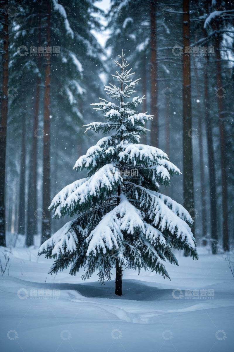 高清大图下载【趣麦麦图】雪覆森林中的一棵松树
