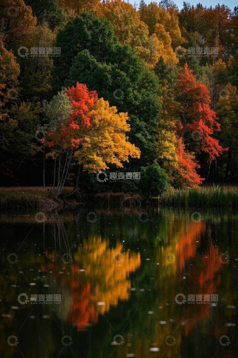 高清大图下载【趣麦麦图】秋日湖边多彩树林倒影景观