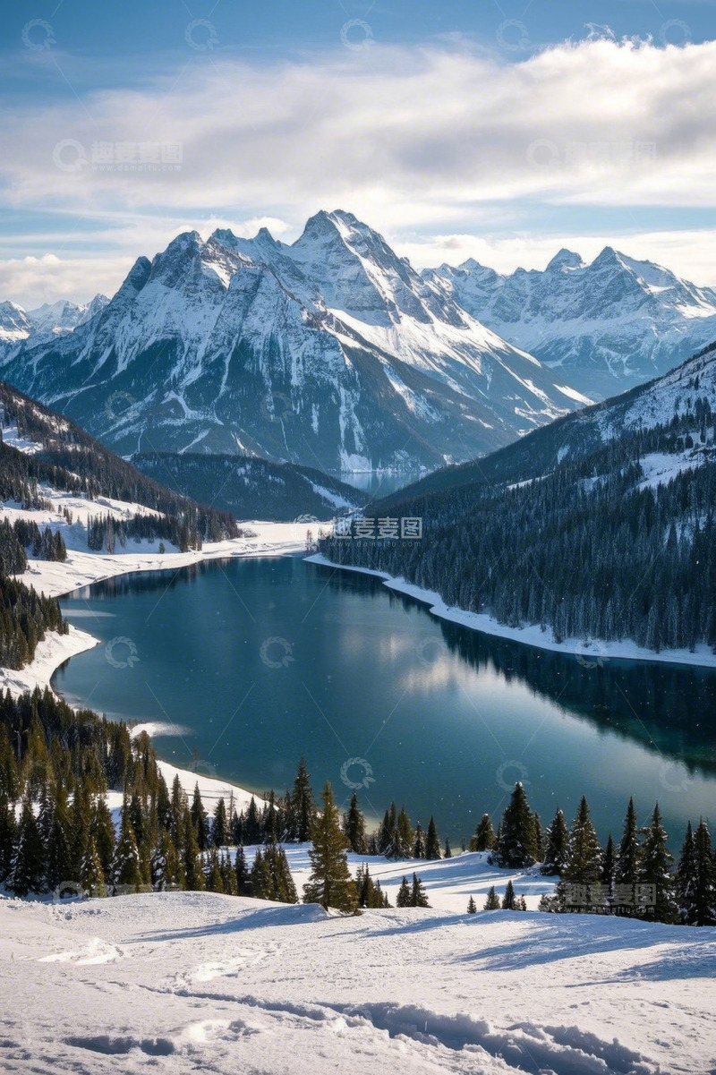 高清大图下载【趣麦麦图】雪山下宁静的湖泊风光