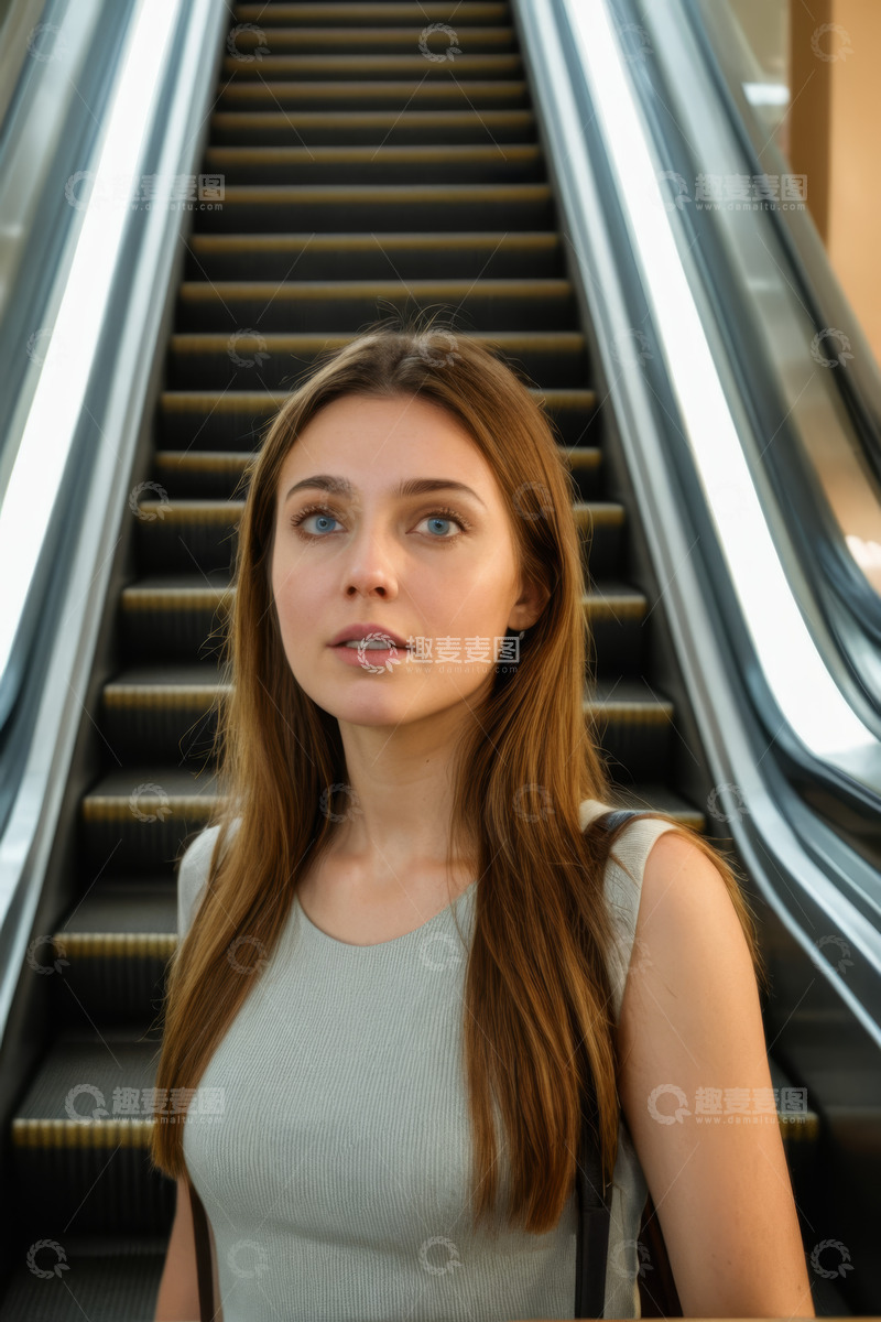 高清大图下载【趣麦麦图】站在自动扶梯上的年轻女性