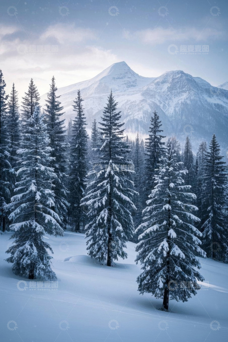 高清大图下载【趣麦麦图】雪覆盖的森林与远处雪山景观