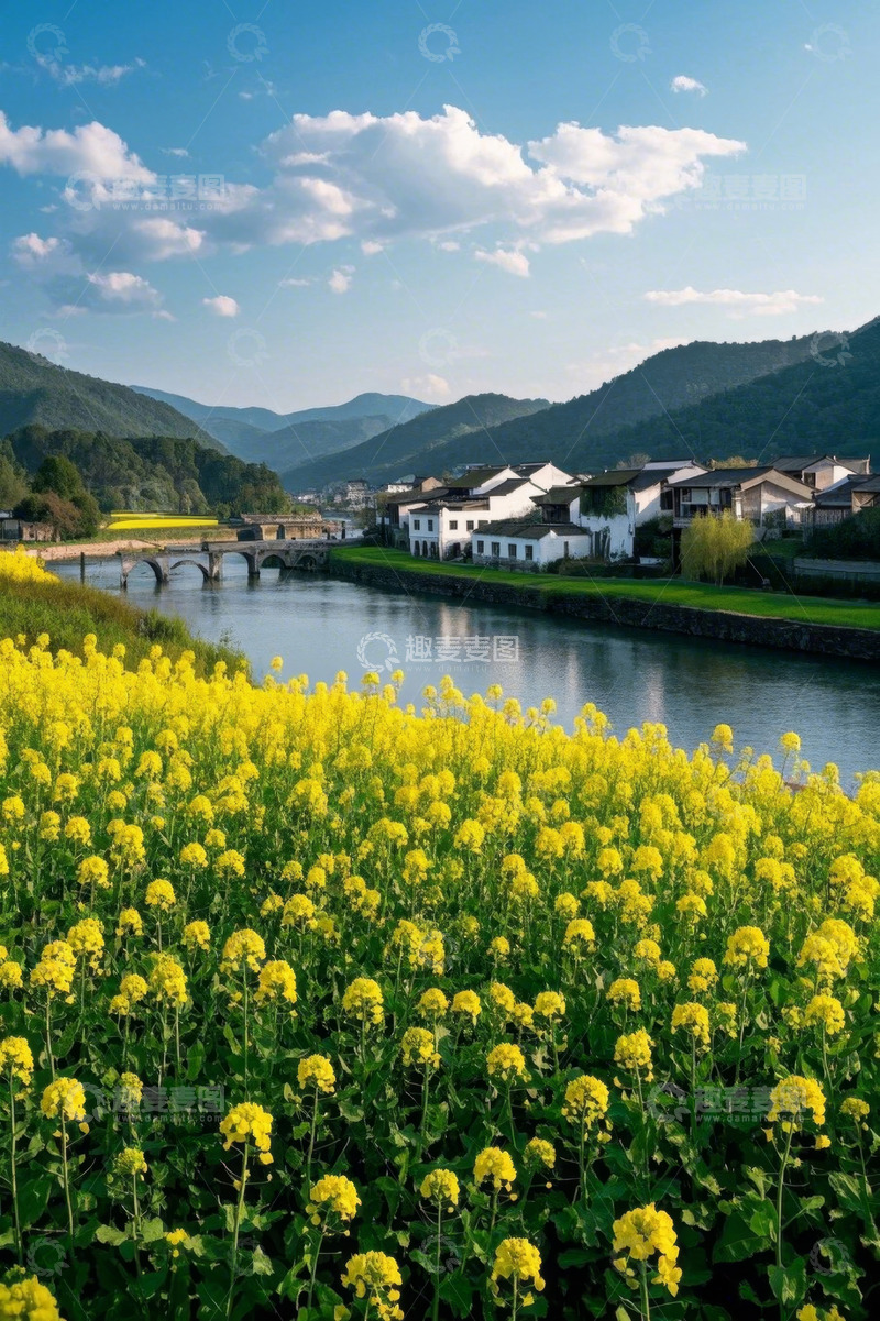 高清大图下载【趣麦麦图】乡村河畔油菜花与民居风景