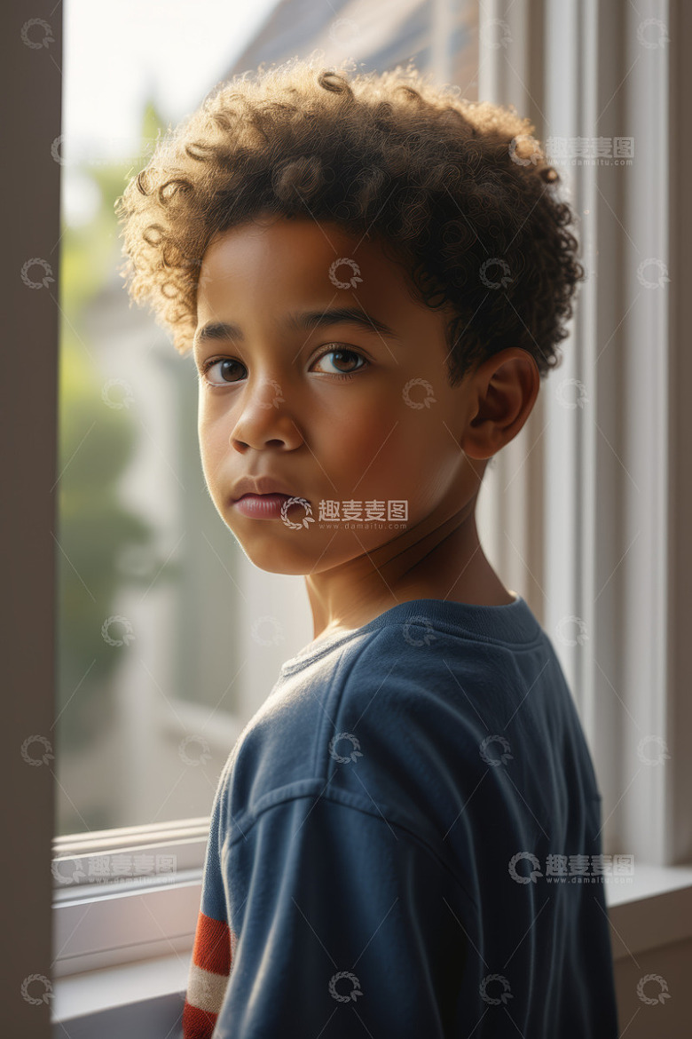 窗边男孩肖像特写