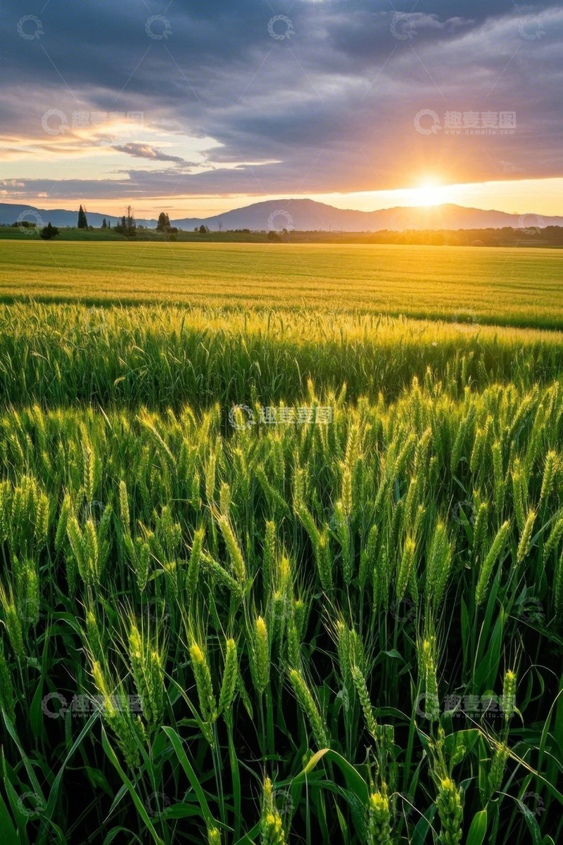 高清大图下载【趣麦麦图】夕阳下的广袤小麦农田