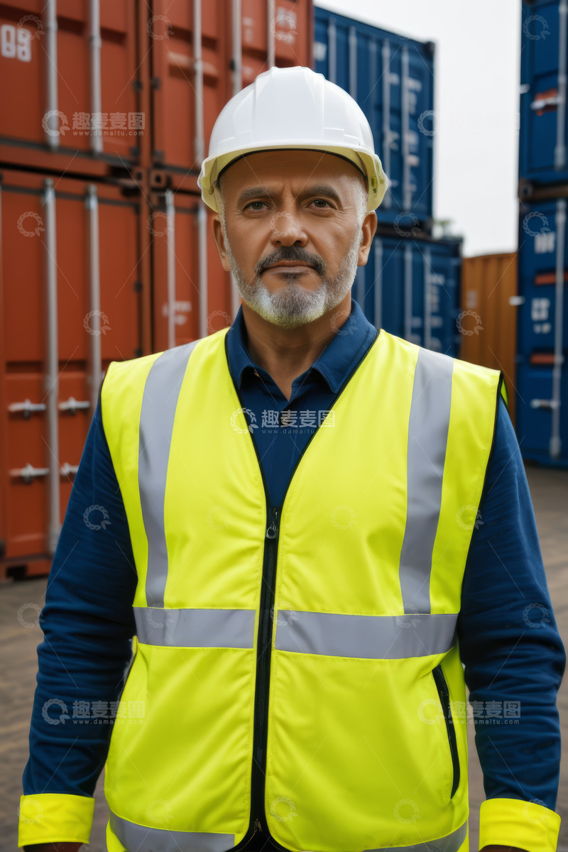 高清大图下载【趣麦麦图】港口工人身着反光背心与集装箱