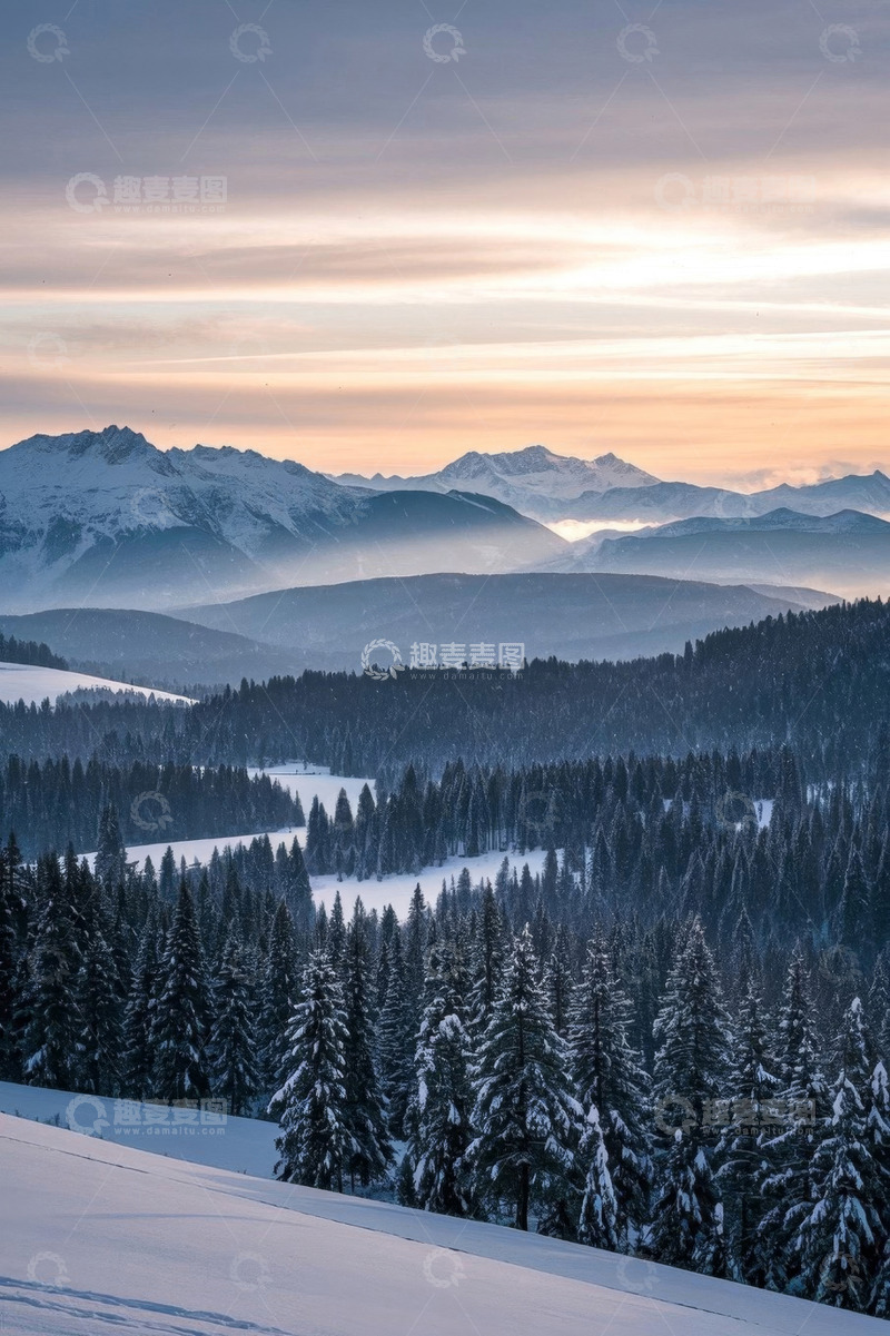 高清大图下载【趣麦麦图】雪山森林暮色自然风光