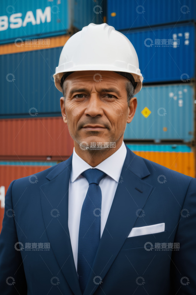 高清大图下载【趣麦麦图】戴安全帽商务人士于集装箱前
