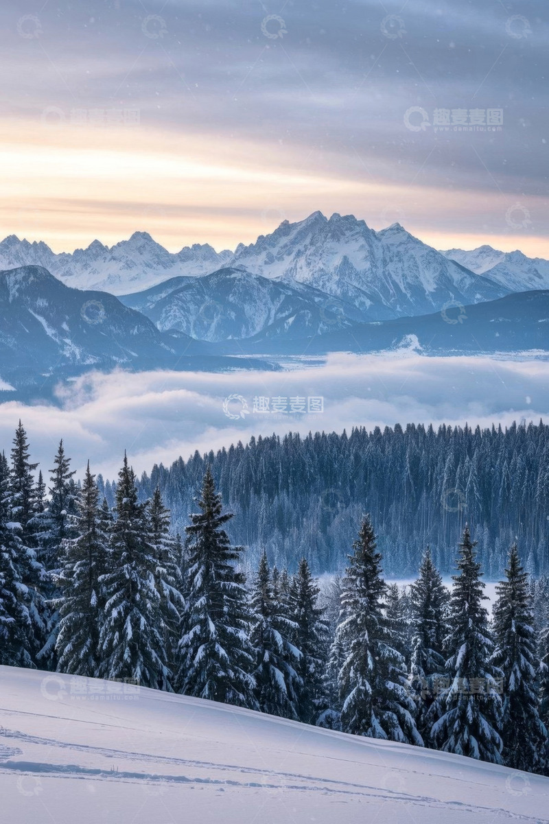 高清大图下载【趣麦麦图】雪后山林与远处雪山景观