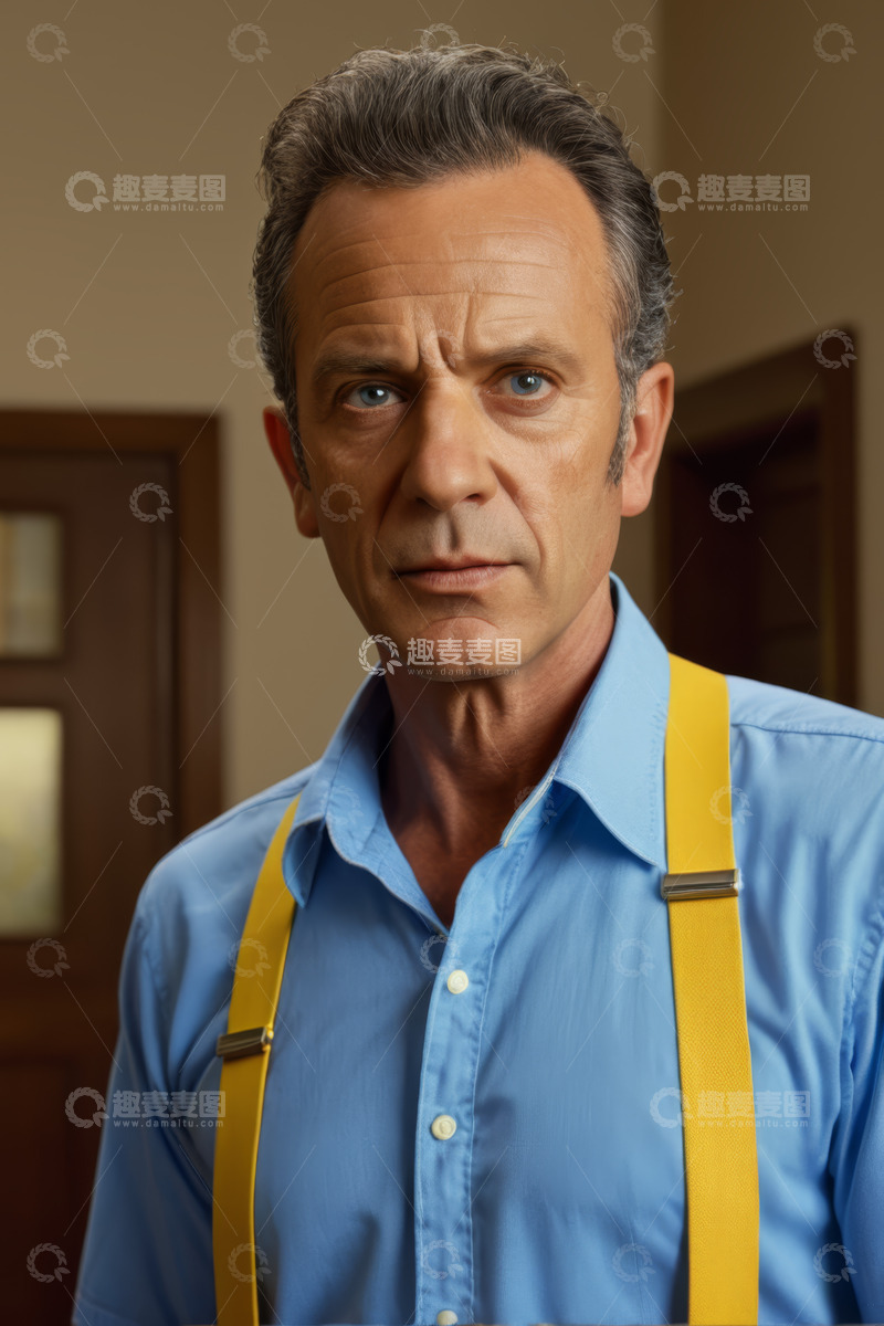 高清大图下载【趣麦麦图】身着蓝衬衫黄背带的中年男子
