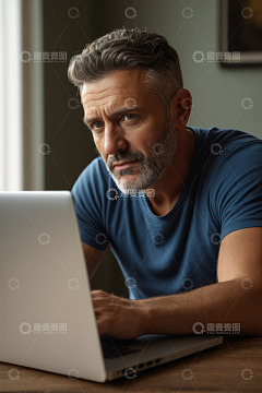 中年男子专注使用笔记本电脑