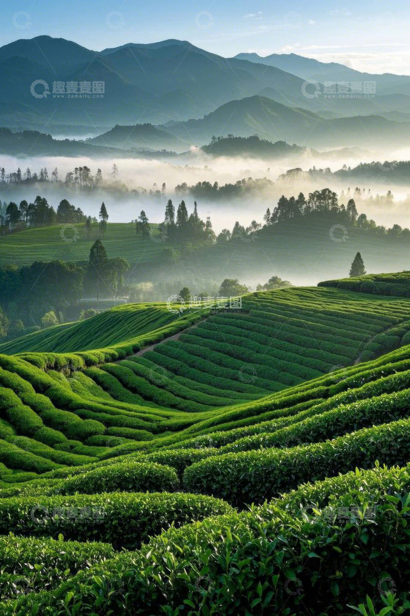 高清大图下载【趣麦麦图】山间云雾缭绕的绿色茶园