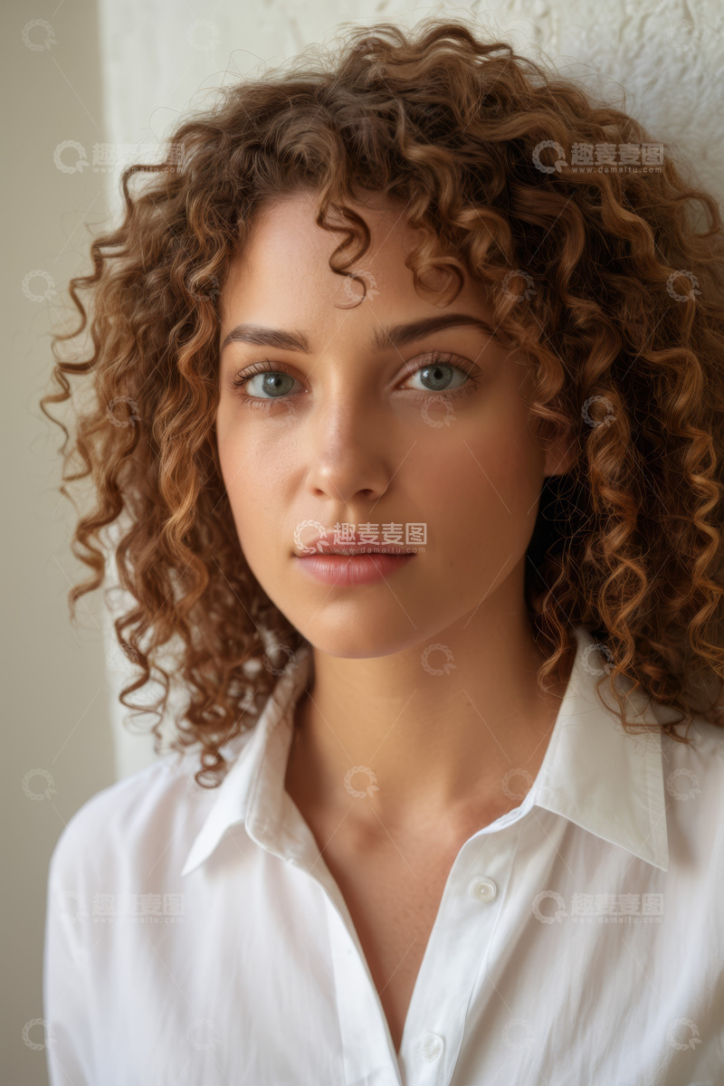 高清大图下载【趣麦麦图】卷发女子穿白衬衫面部特写