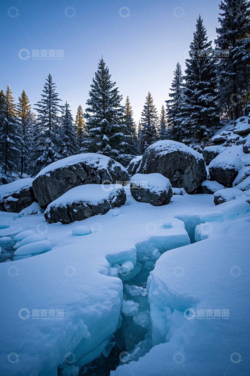 高清大图下载【趣麦麦图】冬日积雪森林与冰河景观