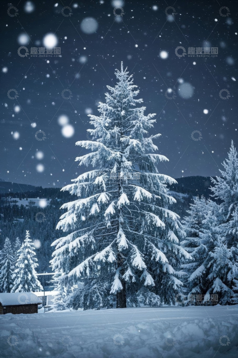 高清大图下载【趣麦麦图】夜晚雪景中的高大雪松