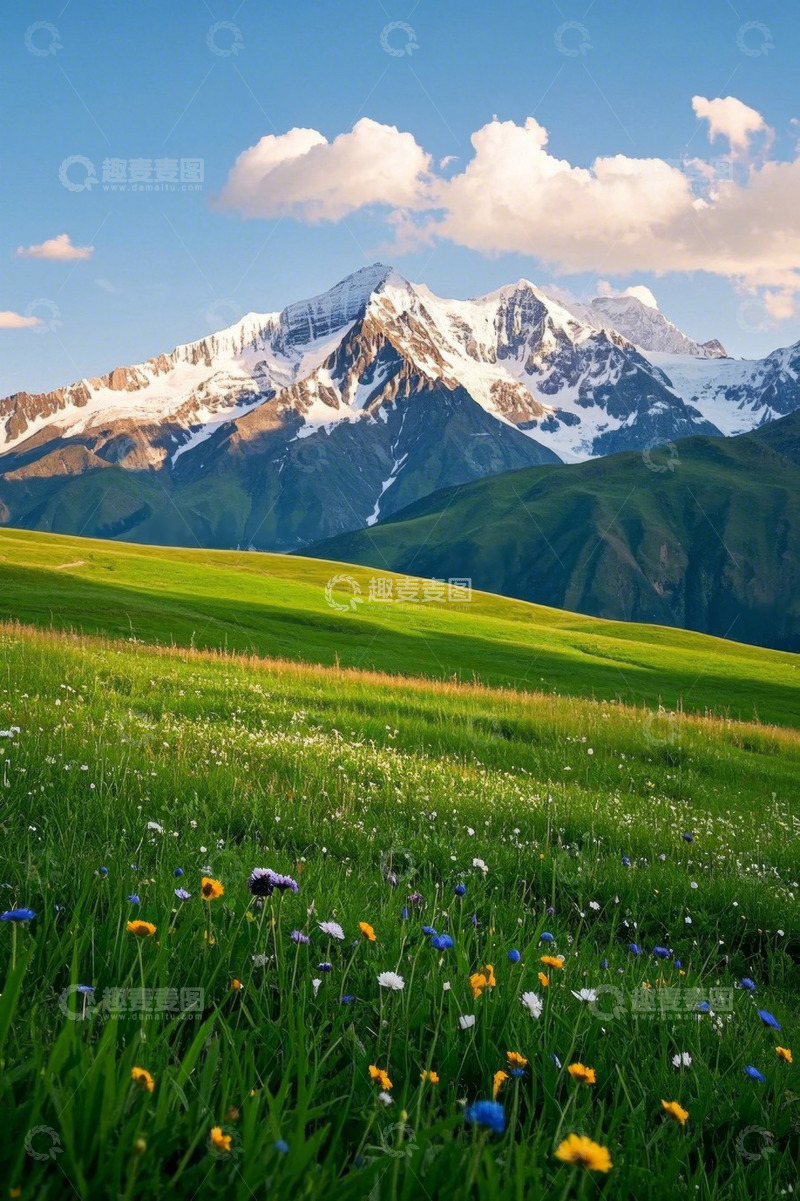 高清大图下载【趣麦麦图】雪山下的草原花海风景