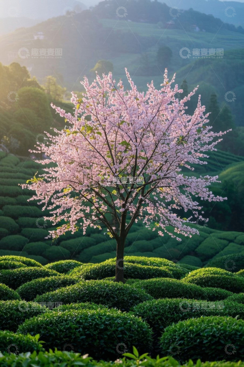高清大图下载【趣麦麦图】茶园中绽放的樱花树