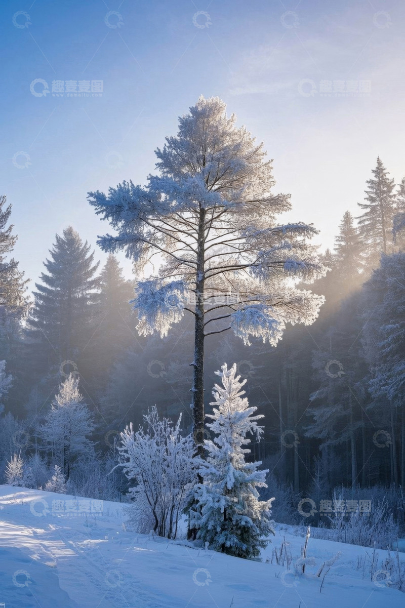 高清大图下载【趣麦麦图】冬日雪林阳光洒照景象