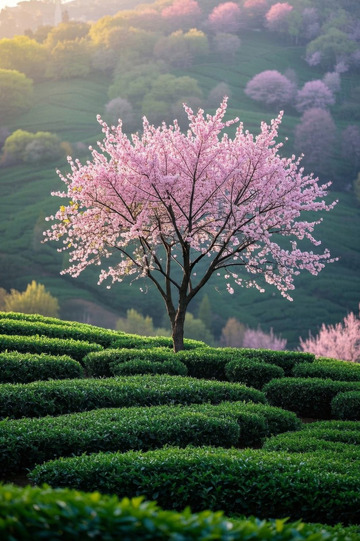 茶园中的盛开樱花树