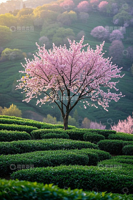 高清大图下载【趣麦麦图】-茶园中的盛开樱花树