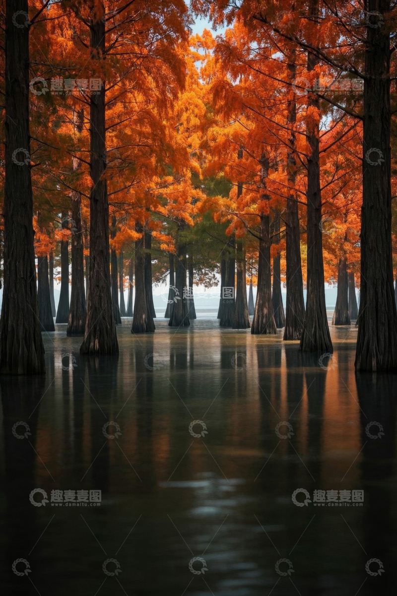 高清大图下载【趣麦麦图】秋季水杉林水中景色