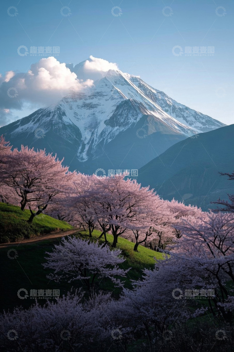 高清大图下载【趣麦麦图】富士山旁盛开的樱花景观