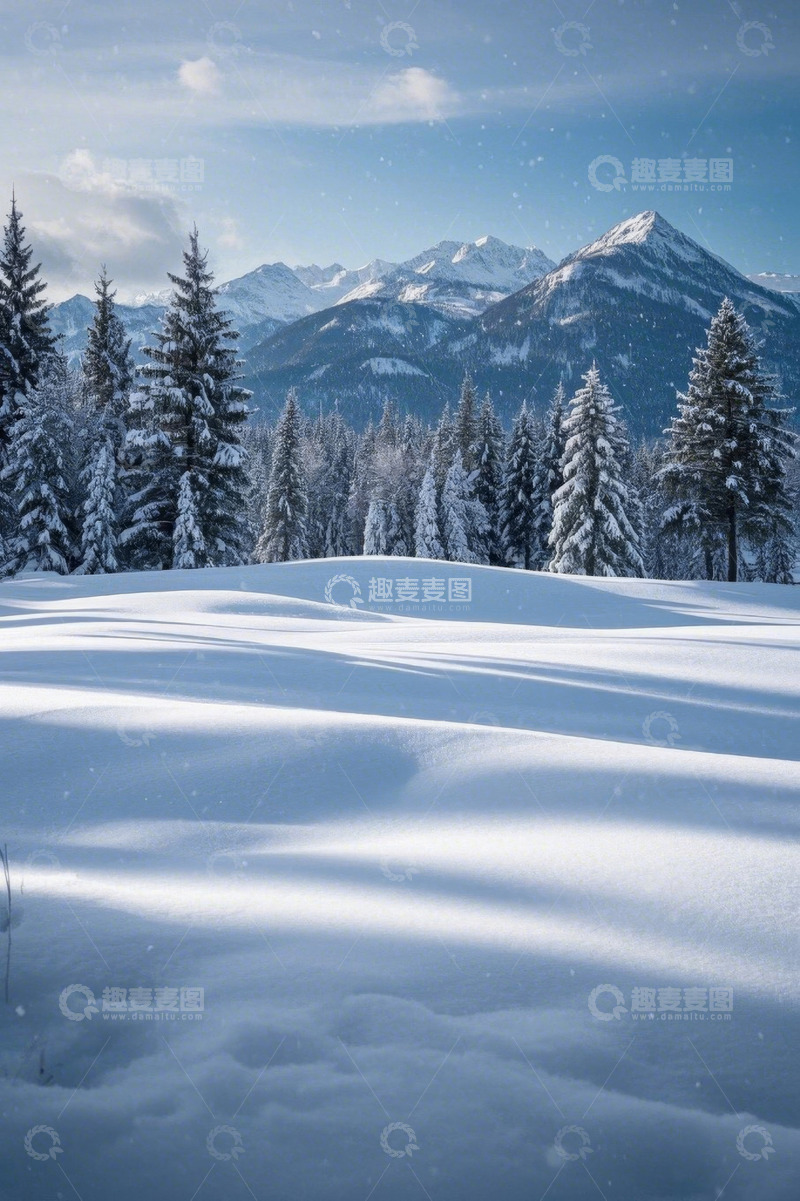 高清大图下载【趣麦麦图】雪山下的雪松林雪景
