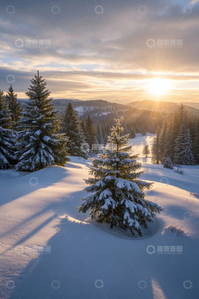高清大图下载【趣麦麦图】冬日雪覆盖的森林日出景象