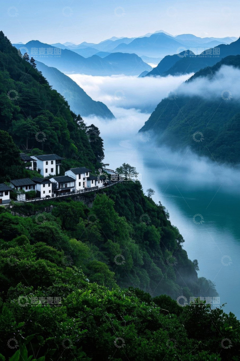 高清大图下载【趣麦麦图】山间云雾缭绕的村庄风景