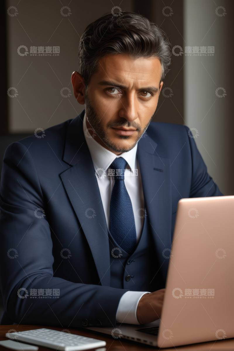 高清大图下载【趣麦麦图】西装男士专注使用笔记本电脑